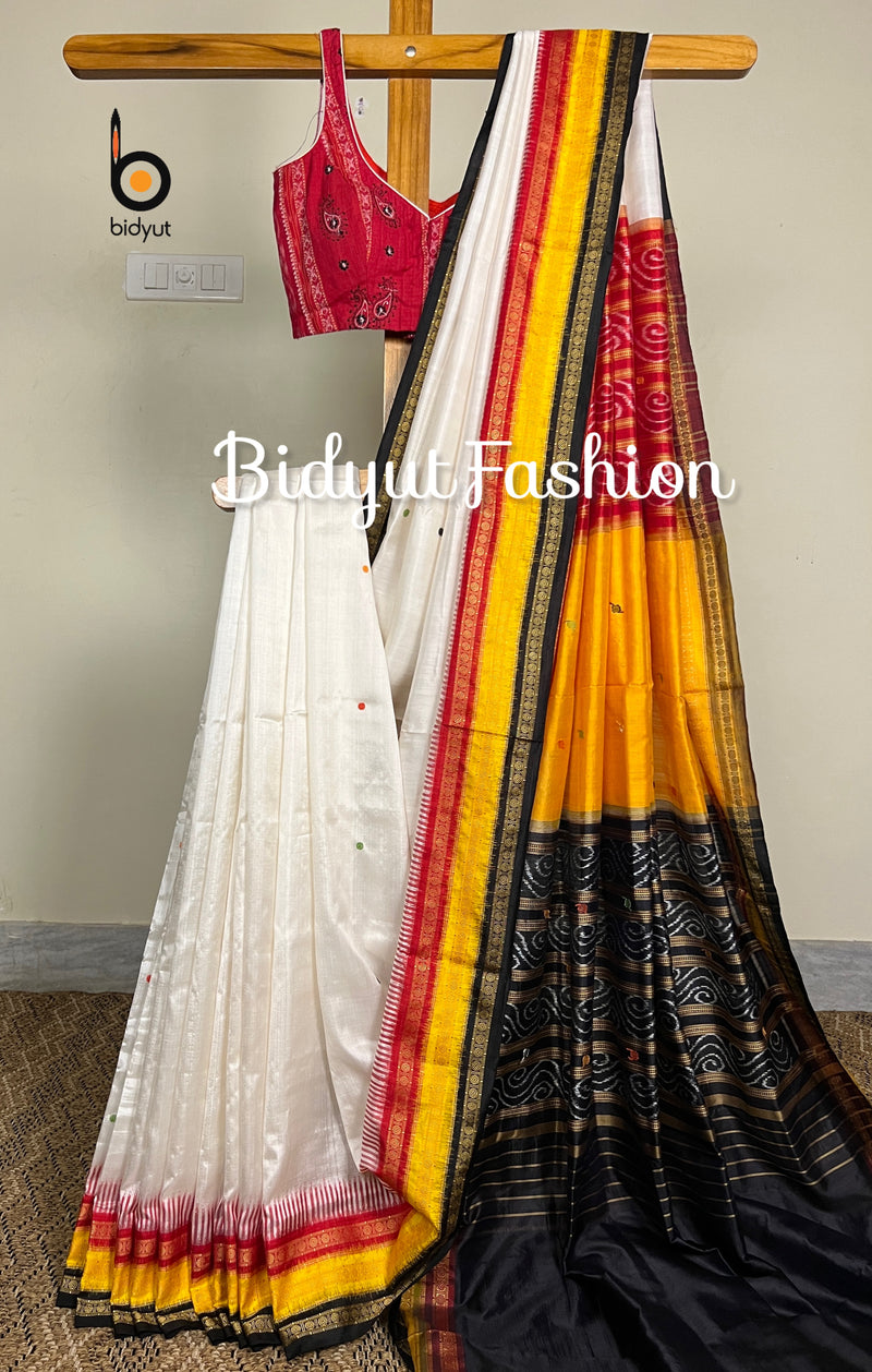 Kathiphera ikat silk saree from Odisha white color saree draped