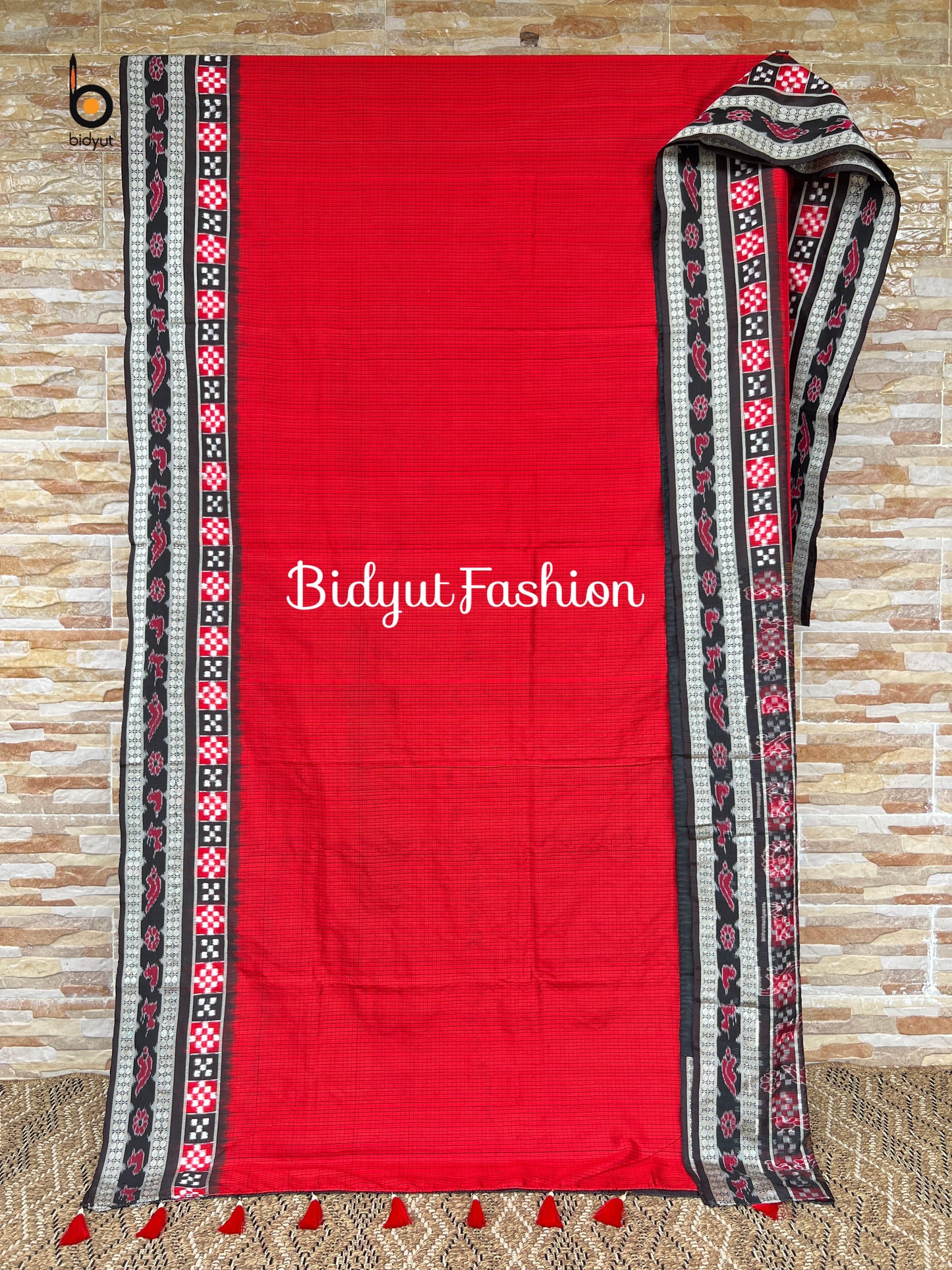 Handlooms of Odisha Sambalpuri Double Ikat border check body Silk Saree red color