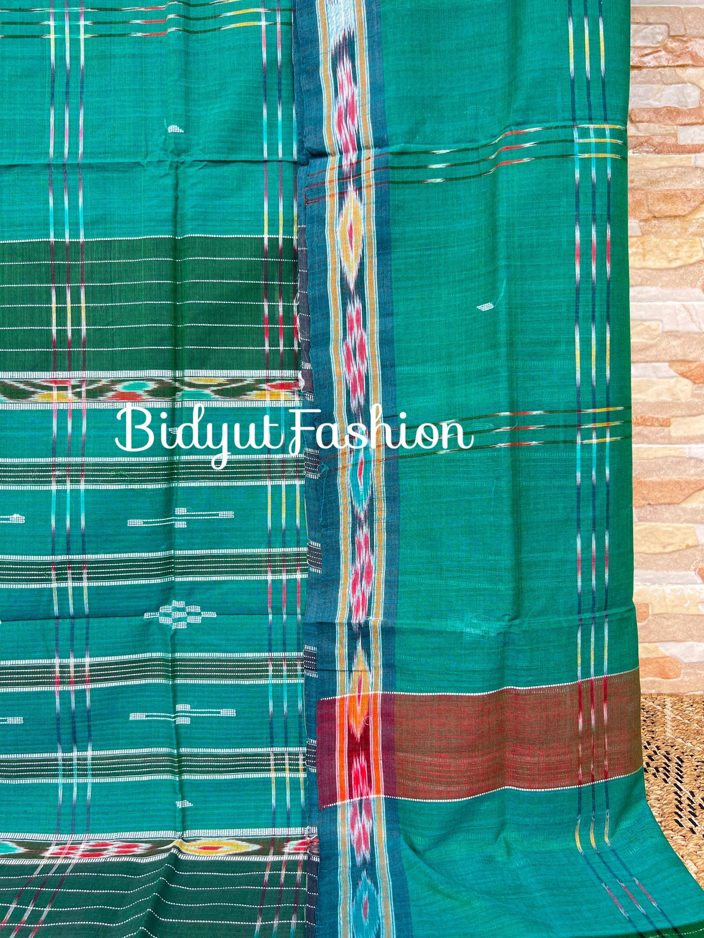 Handlooms of Odisha Jagatsinghput Suta Ikat Cotton Saree Green color