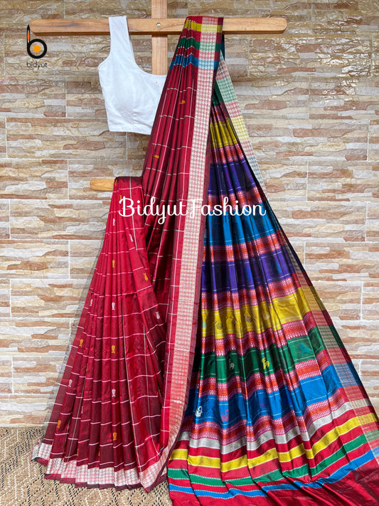 Handlooms of Odisha Berhampuri Double Palla Silk Saree Red Check