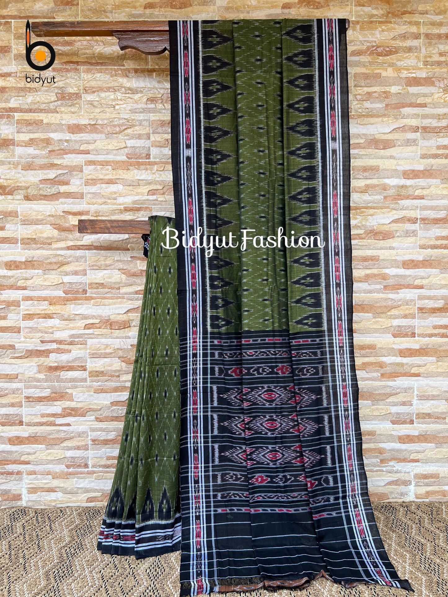 Handlooms of Odisha Maniabandha Nuapatna Ikat Cotton Saree Olive Green Color