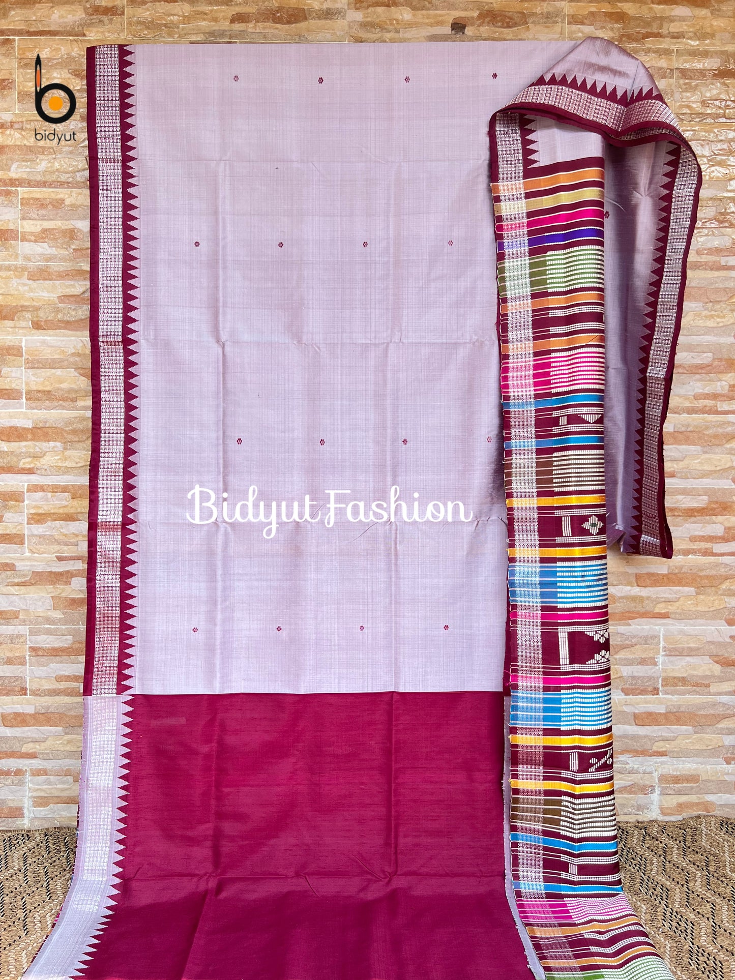 Handlooms of Odisha Berhampuri Double Palla Silk Saree Silver with Wine undertone color