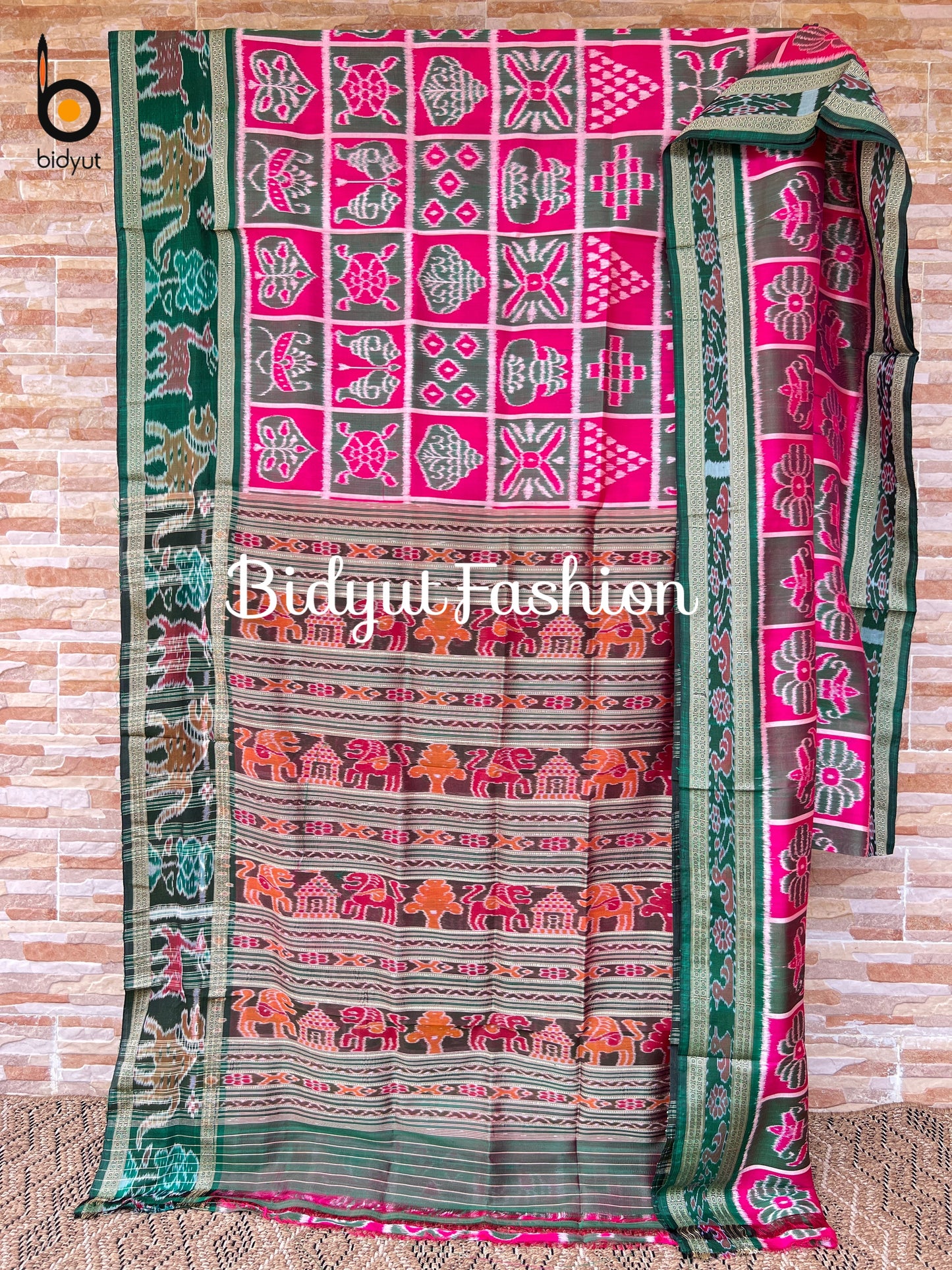 Handlooms of Odisha Nuapatna Khandua Nabakothi Ikat Silk Saree Pink color