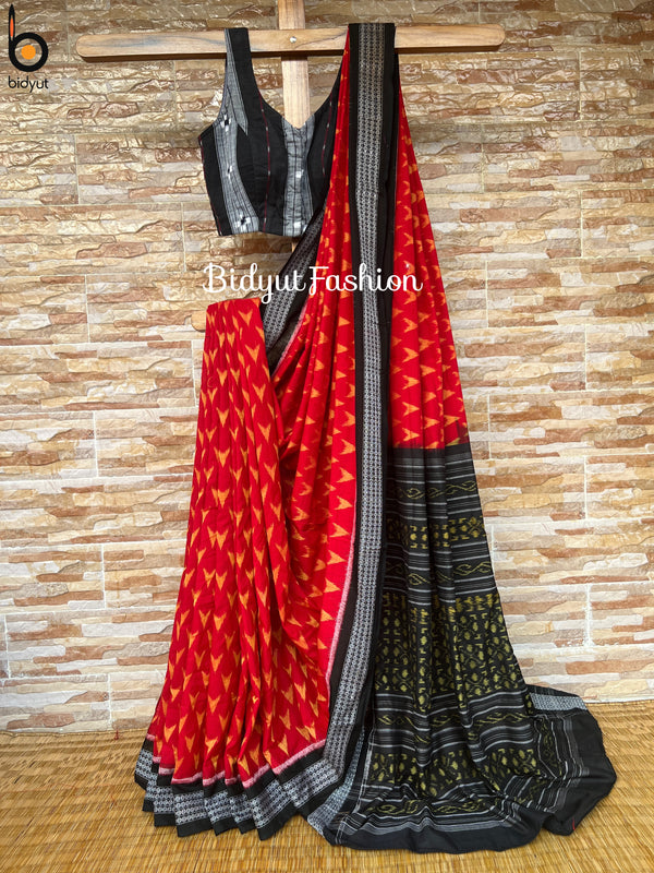 Odisha handloom red color Sambalpuri Ikat Cotton Saree - Bidyut Fashion