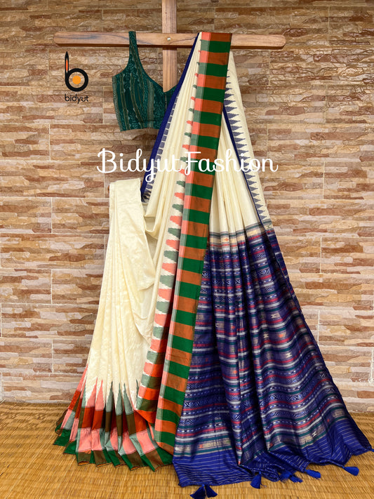 Handlooms of Odisha Sambalpuri Temple motif Ikat Silk Saree White color