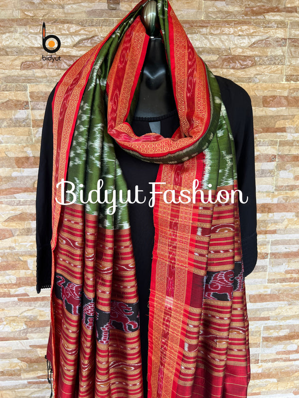 Green Ikat Silk Dupatta | Odisha Handloom | tribal motif - Bidyut Fashion