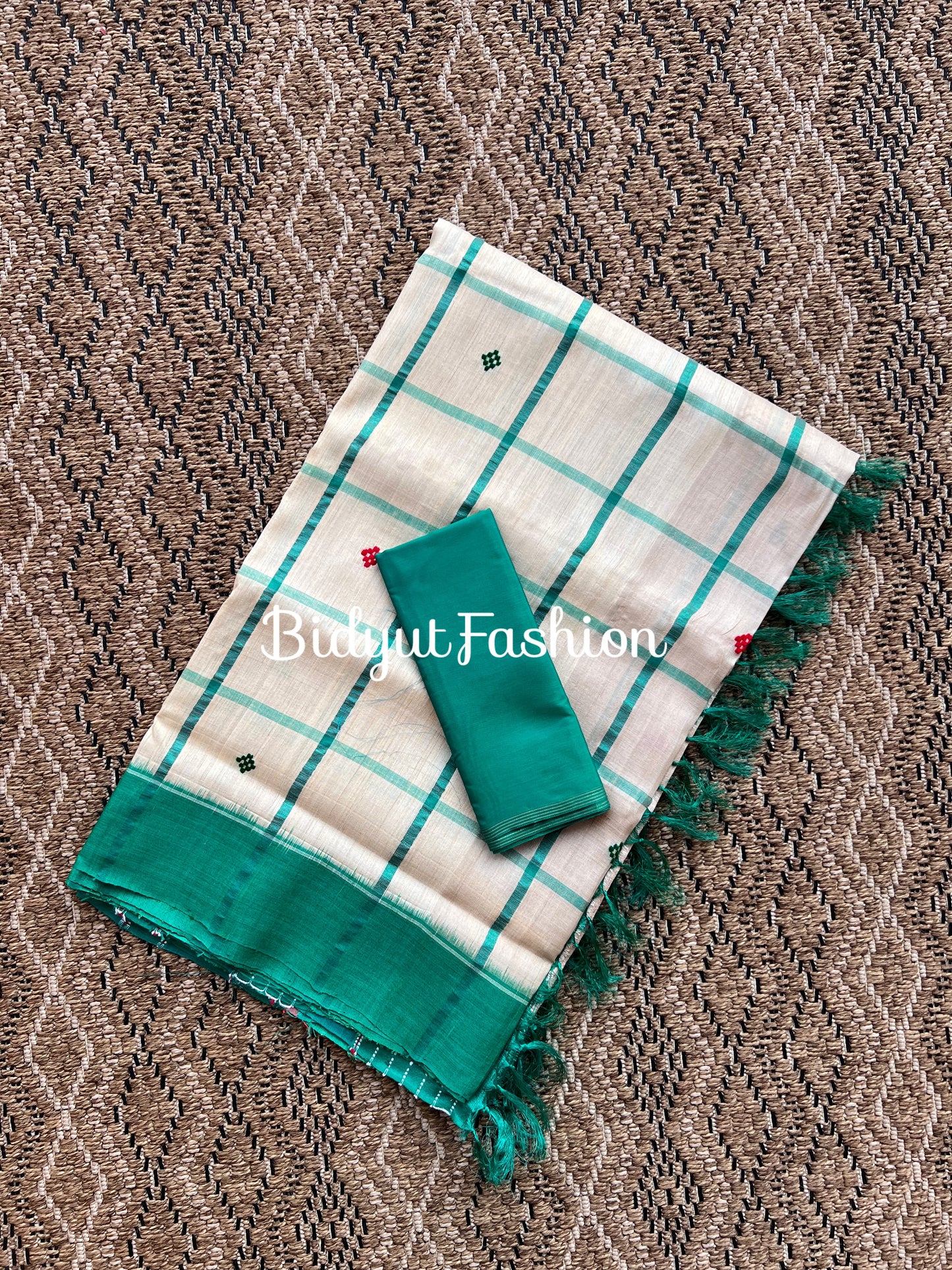 Handlooms of Odisha Santhal Tribal Tussar Silk Sarees Beige Green Color