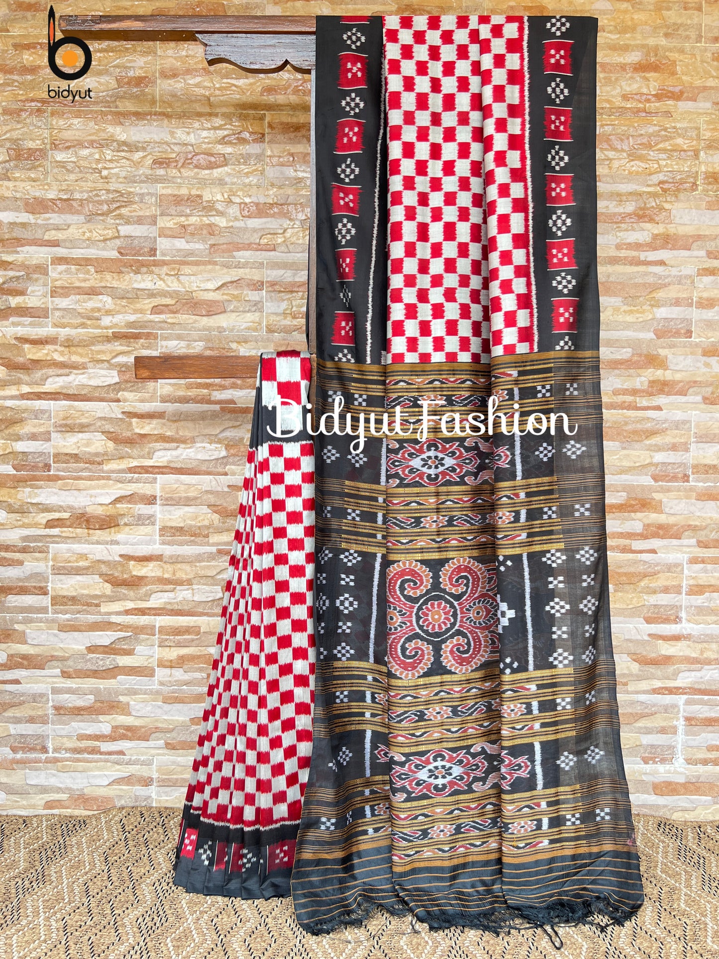 Handlooms of Odisha Nuapatna Khandua Ikat Silk Saree white red Color