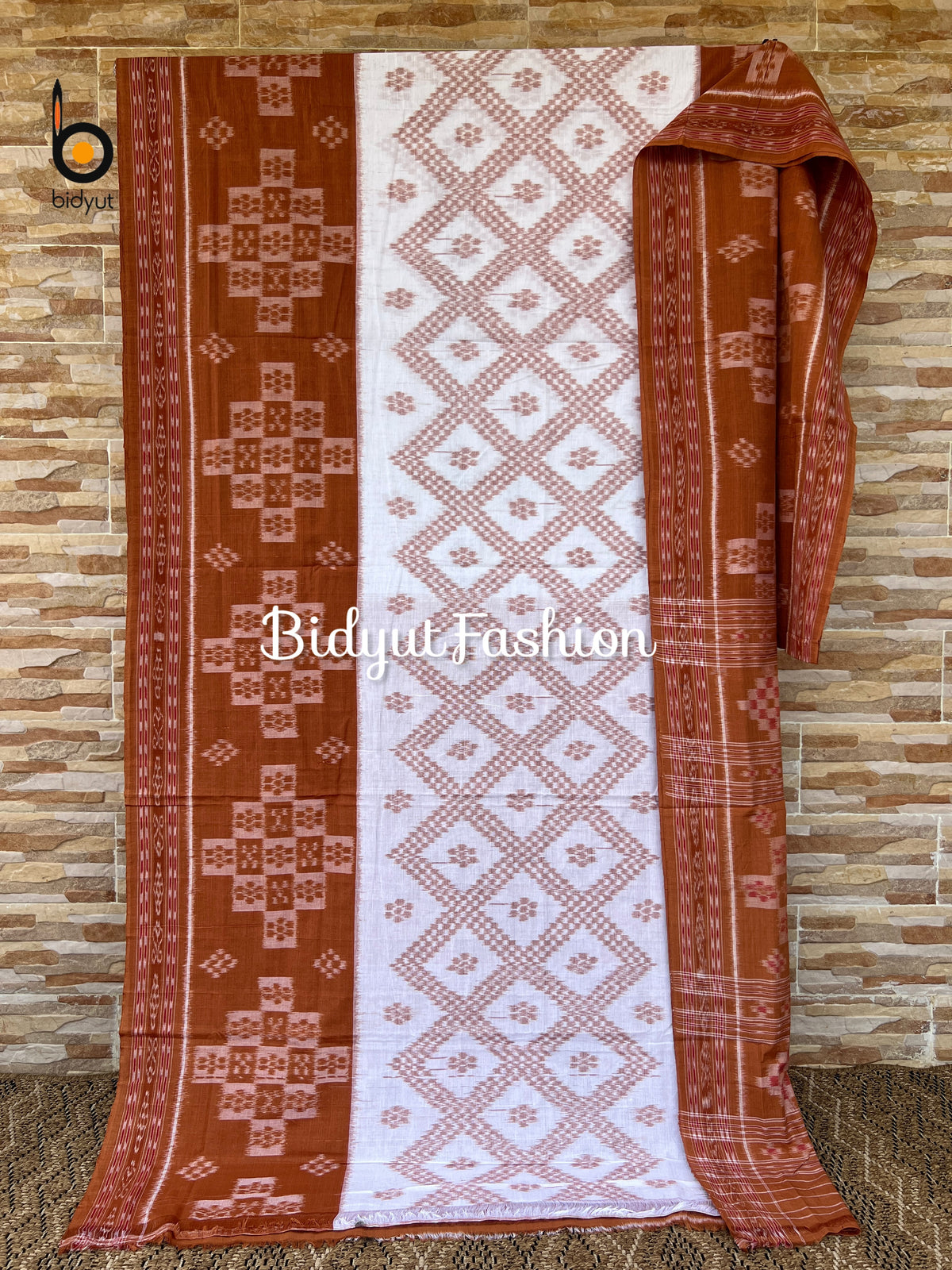 Handlooms of Odisha Maniabandha Nuapatna Taraballi Ikat Cotton Saree white brown color