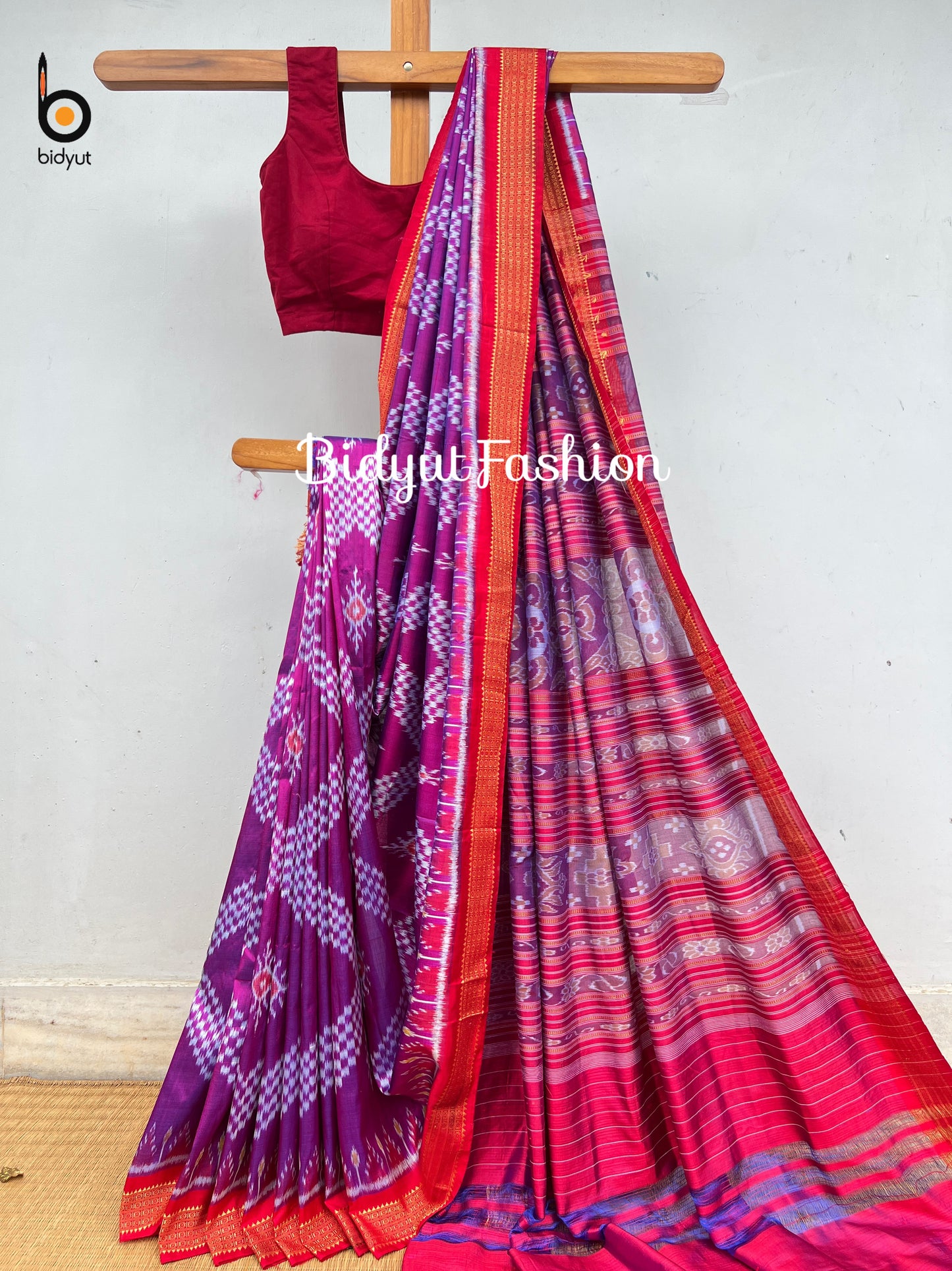 Handlooms of Odisha Nuapatna Khandua Taraballi Ikat Silk Saree Magenta color