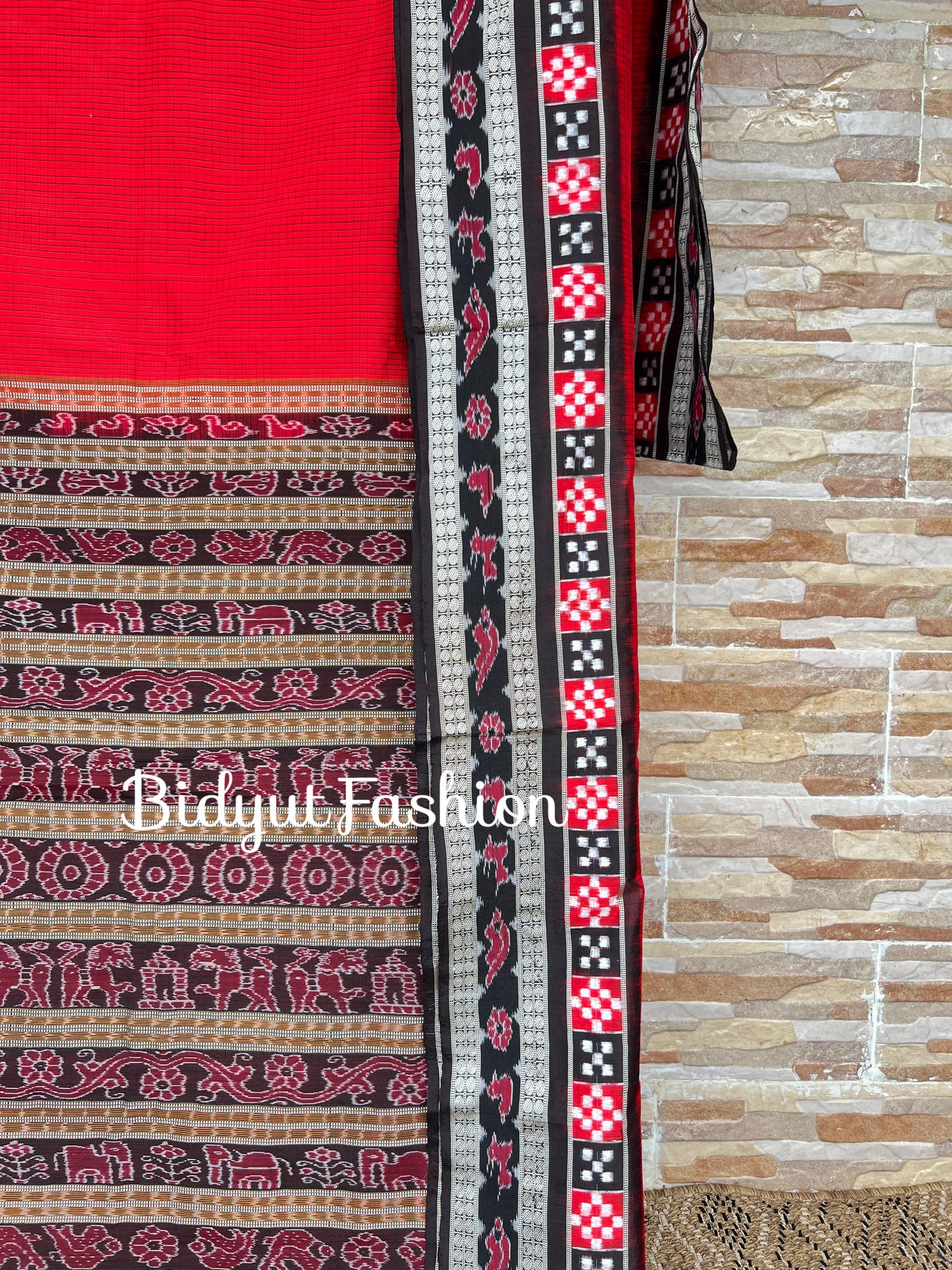 Handlooms of Odisha Sambalpuri Double Ikat border check body Silk Saree red color