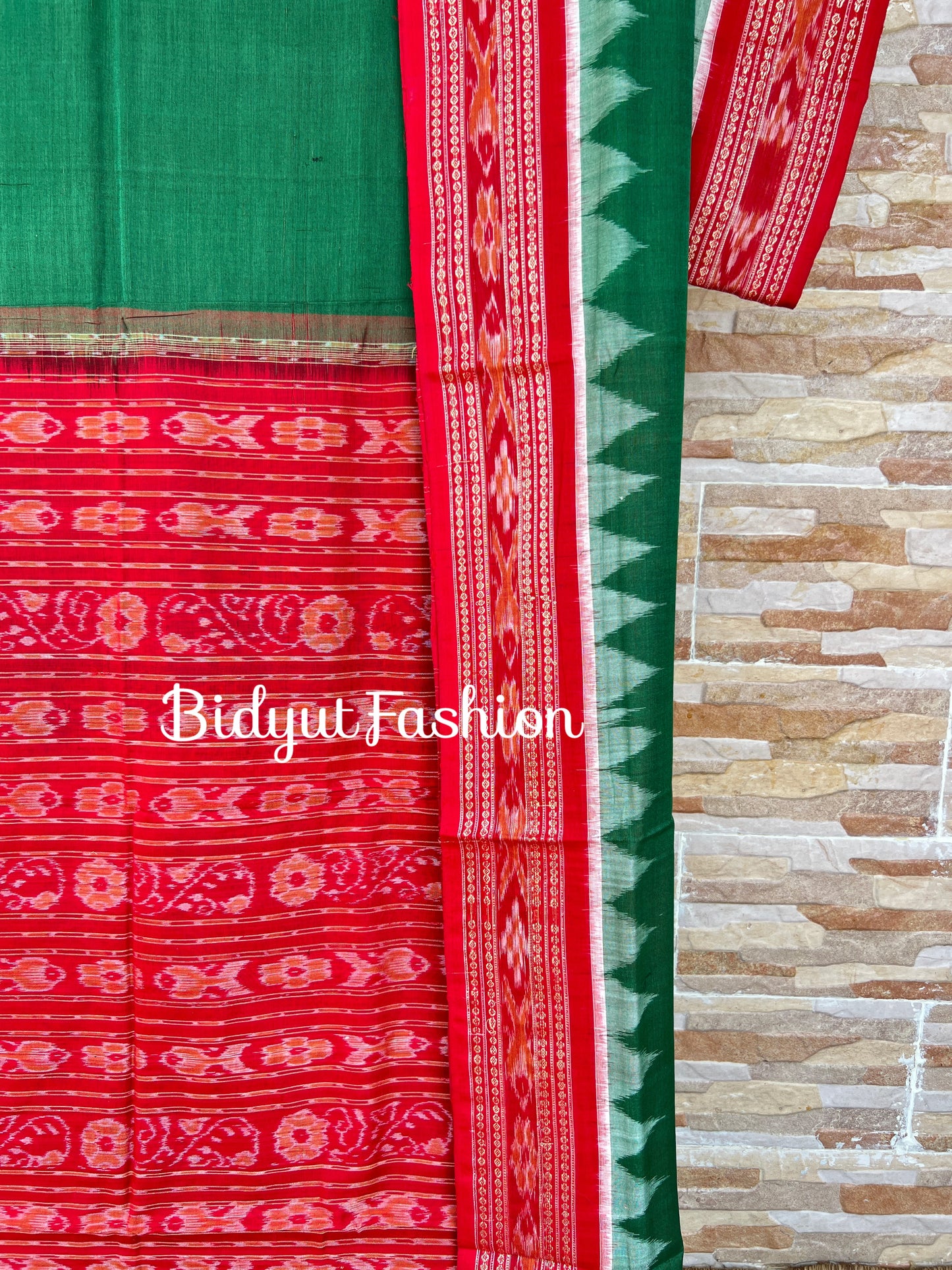 Handlooms of Odisha Sambalpuri Ikat Cotton Saree Green Color