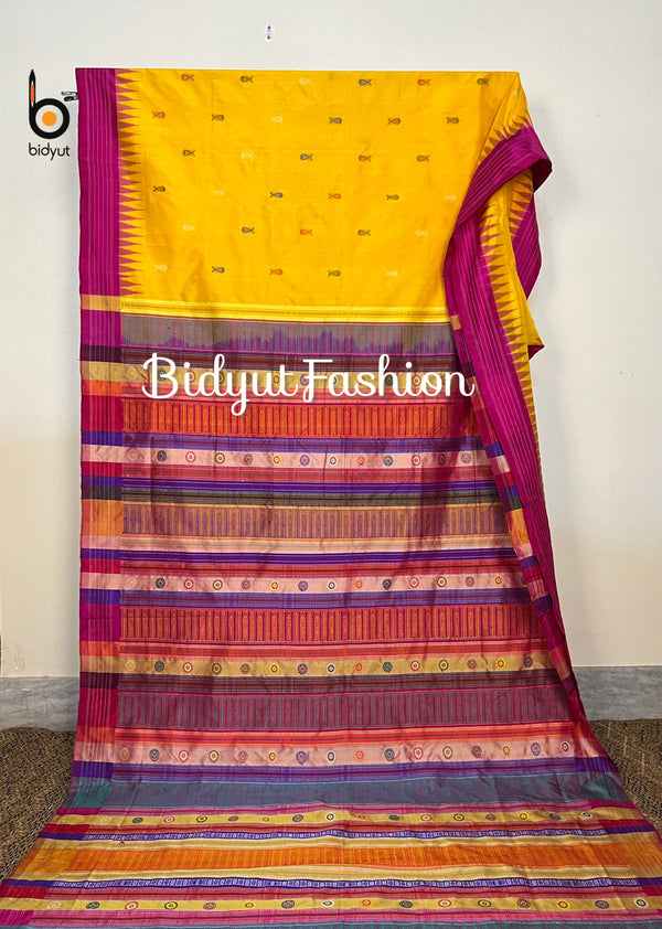 Yellow color Berhampuri Double palla Patta Silk Saree |Odisha handloom - Bidyut Fashion