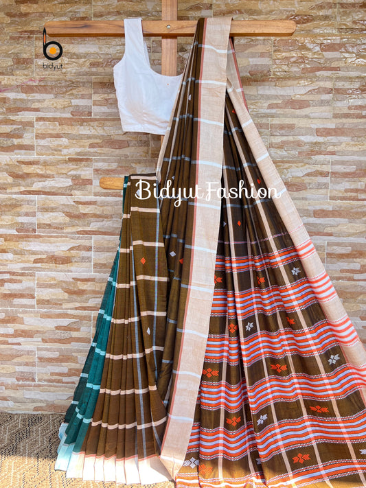 Handlooms of Odisha Santhal Tribal Cotton Sarees Olive Green color