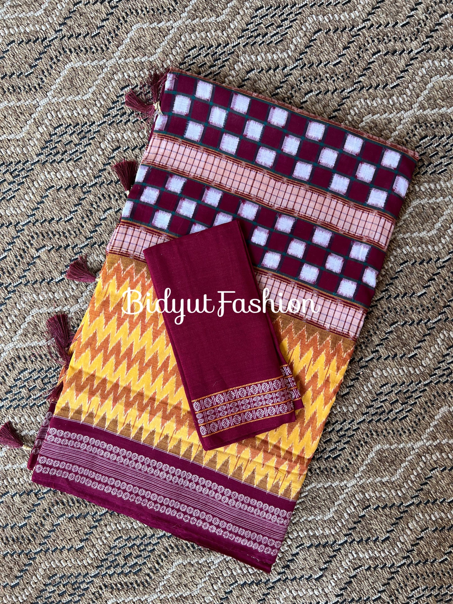 Handlooms of Odisha Sambalpuri Double Ikat Passapalli Cotton Saree Yellow Maroon color