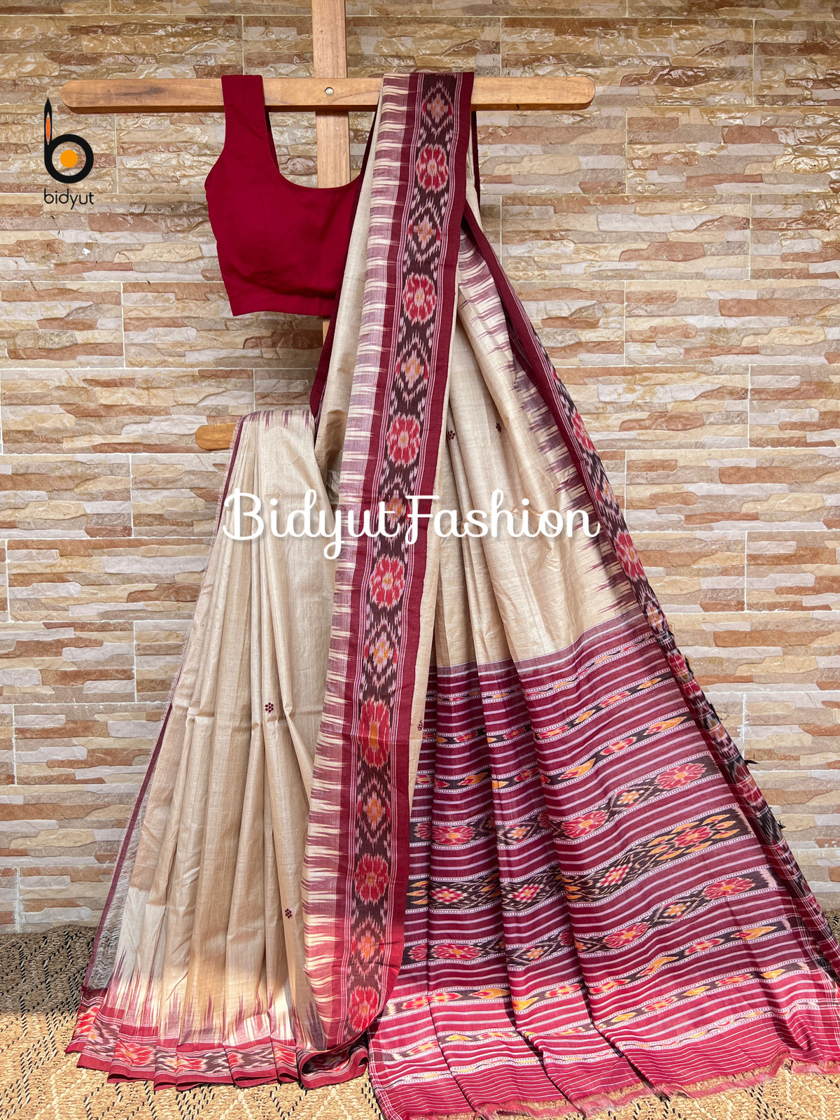 Handlooms of Odisha Gopalpur Ikat Tussar Silk Saree Beige Burgundy Color