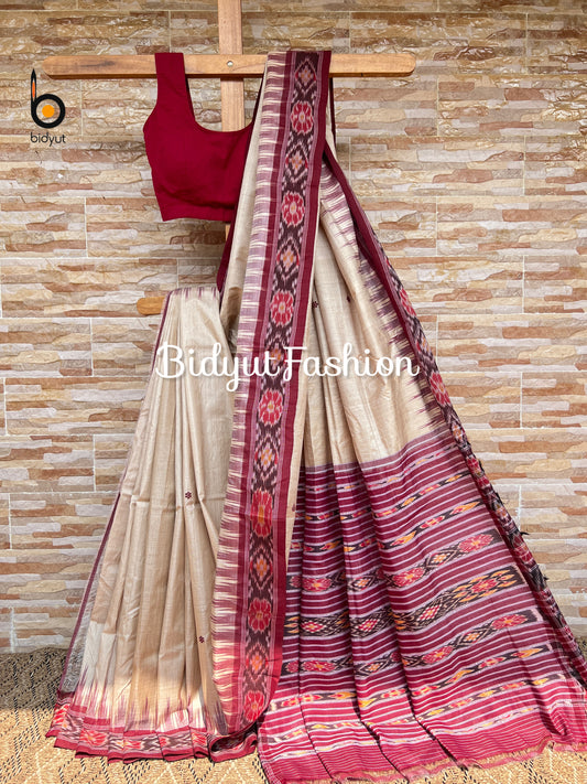 Handlooms of Odisha Gopalpur Ikat Tussar Silk Saree Beige Burgundy Color