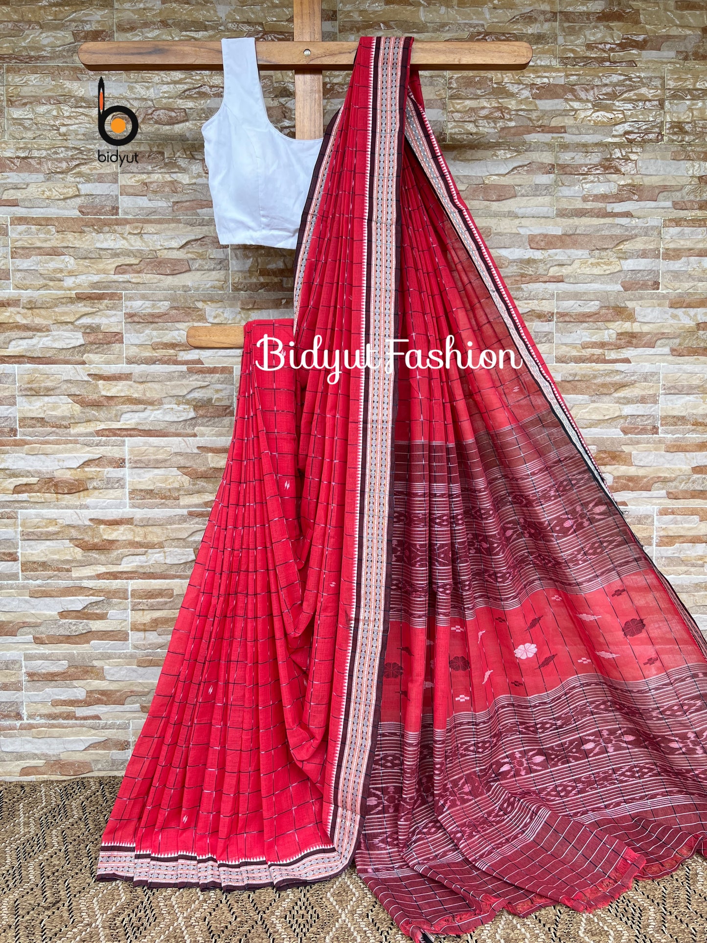 Handlooms of Odisha Jagatsinghpur Suta Ikat Cotton saree Dark Peach color