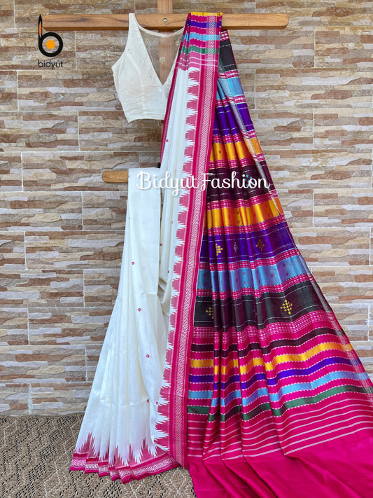 Handlooms of Odisha Berhampuri Double Palla Silk Saree white color