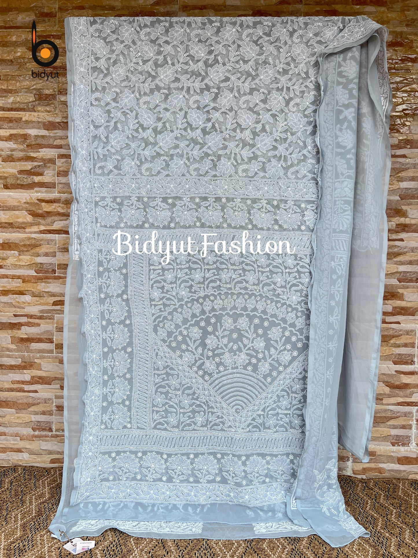 Lucknowi Chikankari all over work hand embroidery georgette Saree grey color