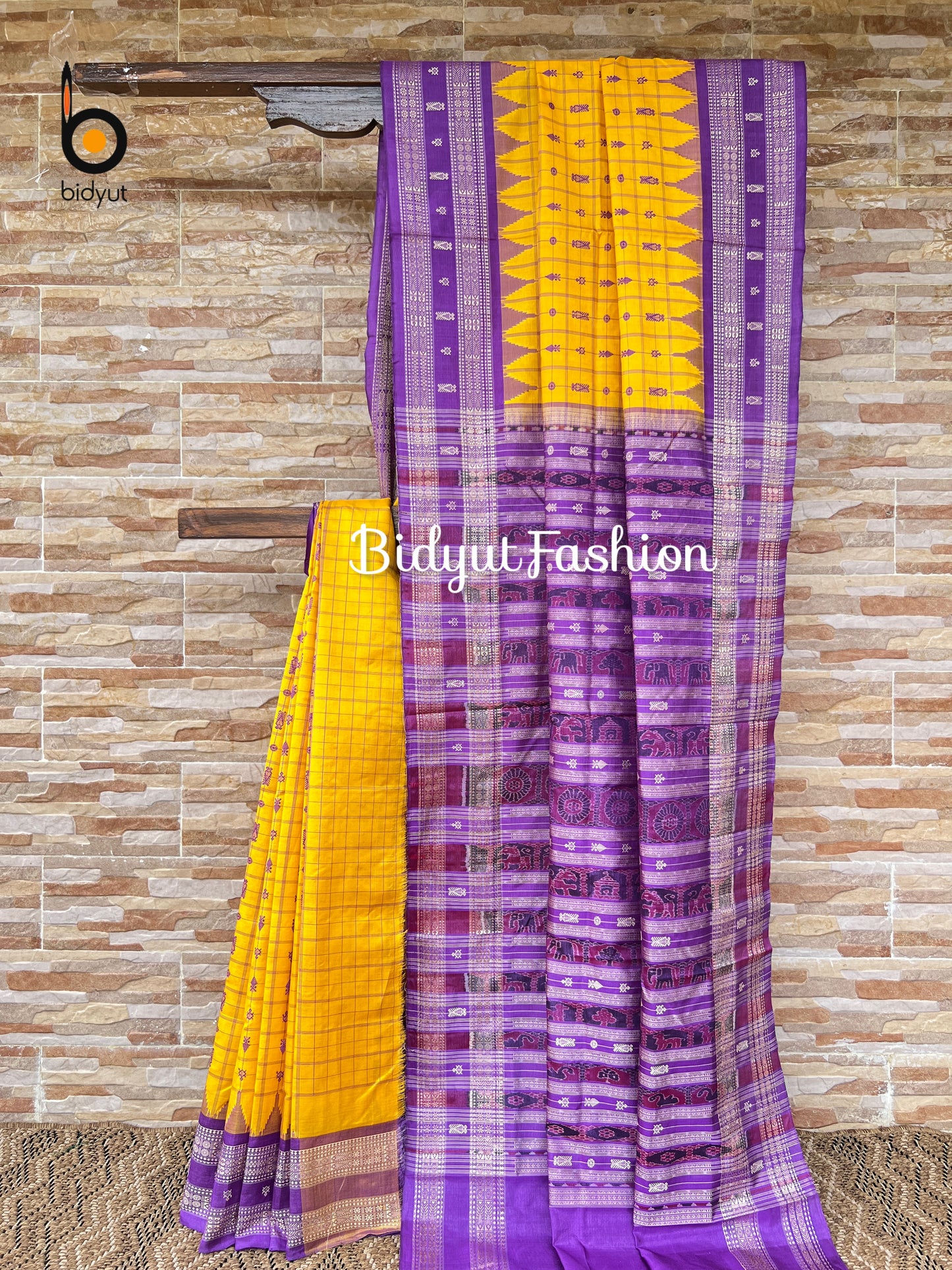 Royal Purple & Marigold Yellow Hazar Buti Silk Saree | Handwoven Odisha Sambalpuri Ikat Saree