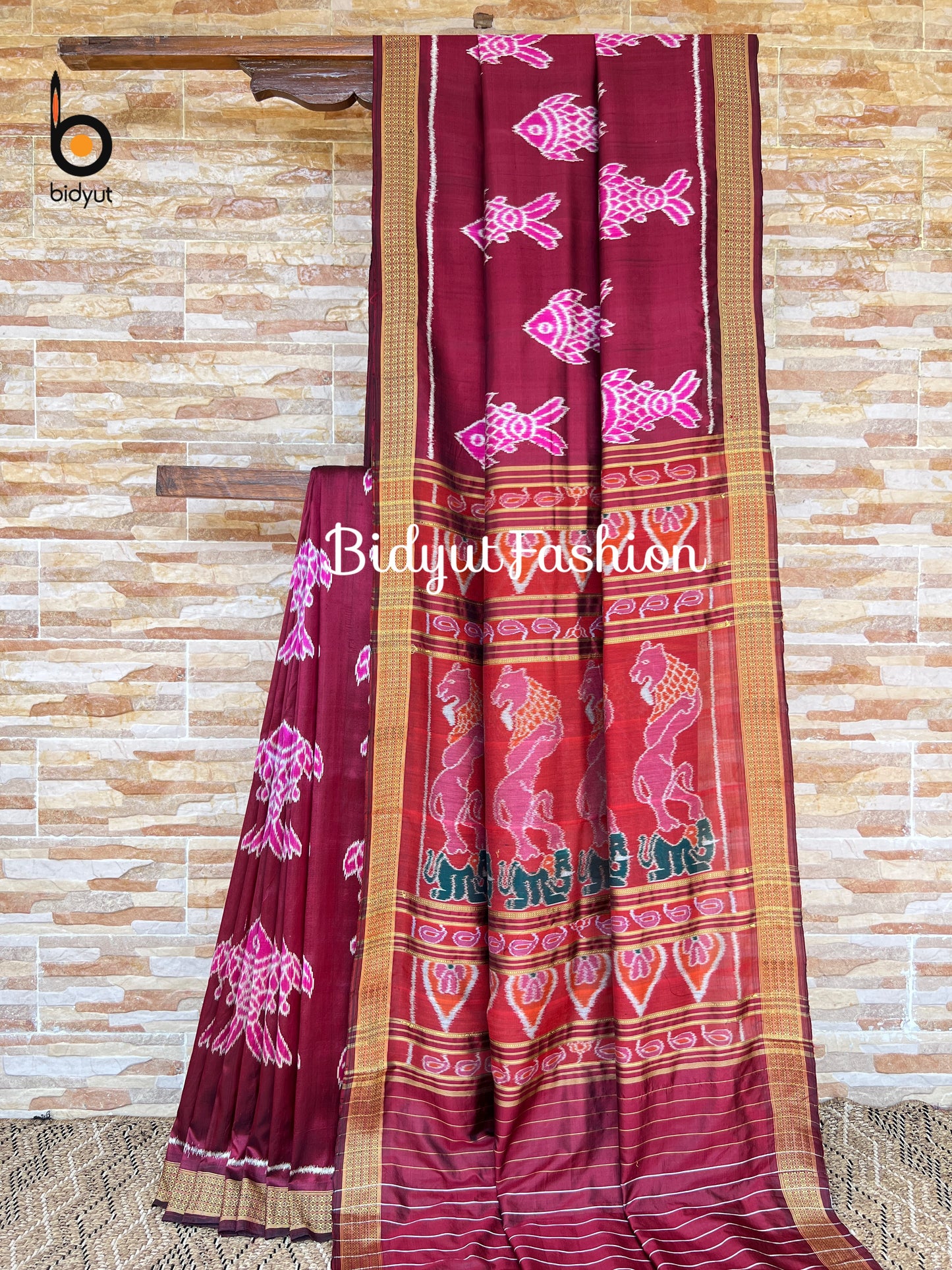 Handlooms of Odisha Nuapatna Ikat Silk Saree Meena Fish motif Maroon color