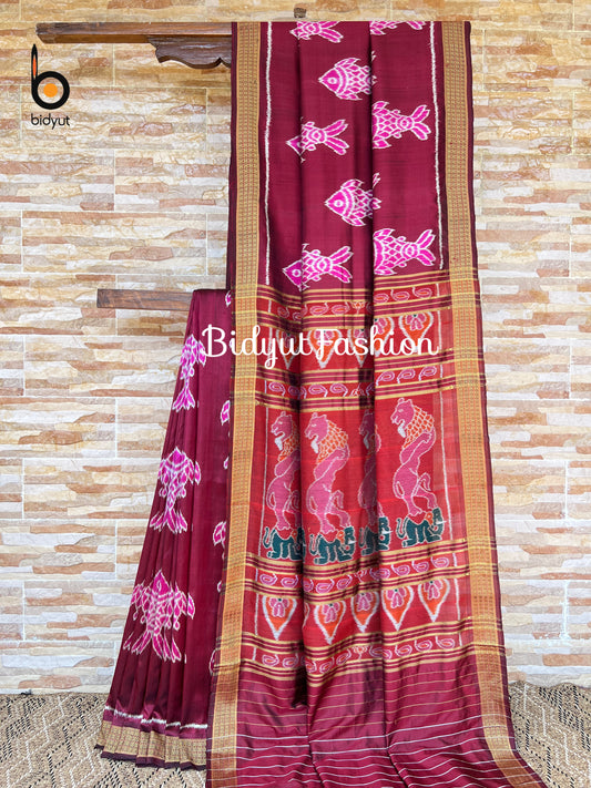 Handlooms of Odisha Nuapatna Ikat Silk Saree Meena Fish motif Maroon color