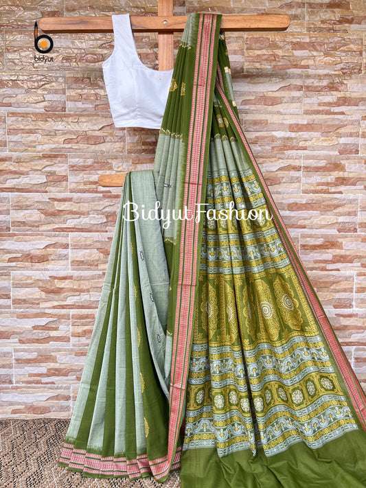 Handlooms of Odisha Sambalpuri Bomkai Cotton Saree green color
