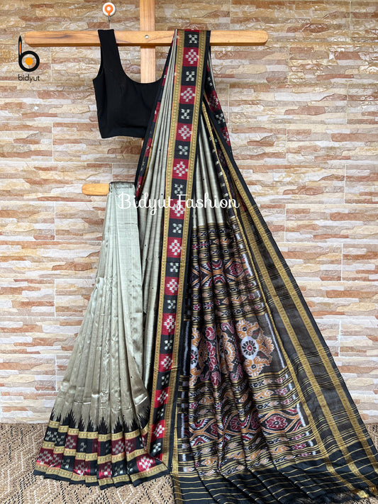 Handlooms of Odisha Nuapatna Passapalli design Ikat Silk Saree Grey Color