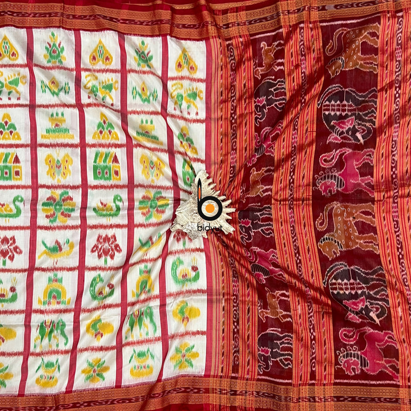 White Red color Nabakothi | Nuapatna Ikat Khandua Sarees | Odisha Handloom Collection at Bidyut Fashion House