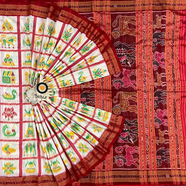 White Red color Nabakothi | Nuapatna Ikat Khandua Sarees | Odisha Handloom Collection at Bidyut Fashion House