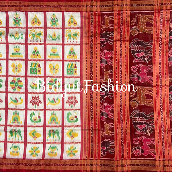 White Red color Nabakothi | Nuapatna Ikat Khandua Sarees | Odisha Handloom Collection at Bidyut Fashion House