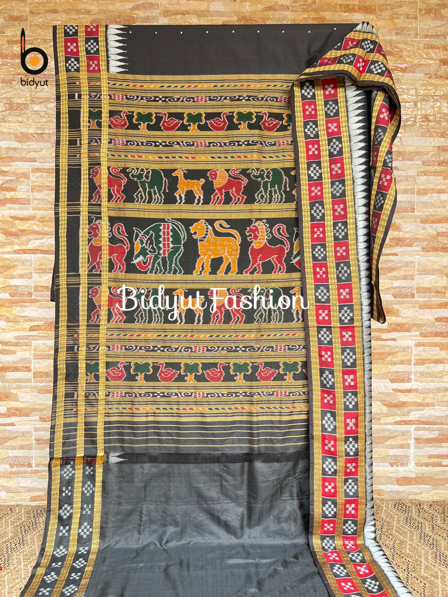 Handlooms of Odisha Nuapatna Passapalli design Ikat Silk Saree Black Color