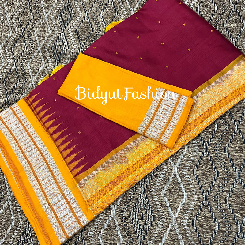 Maroon red color bomkai silk saree blouse handloom of Odisha image 1