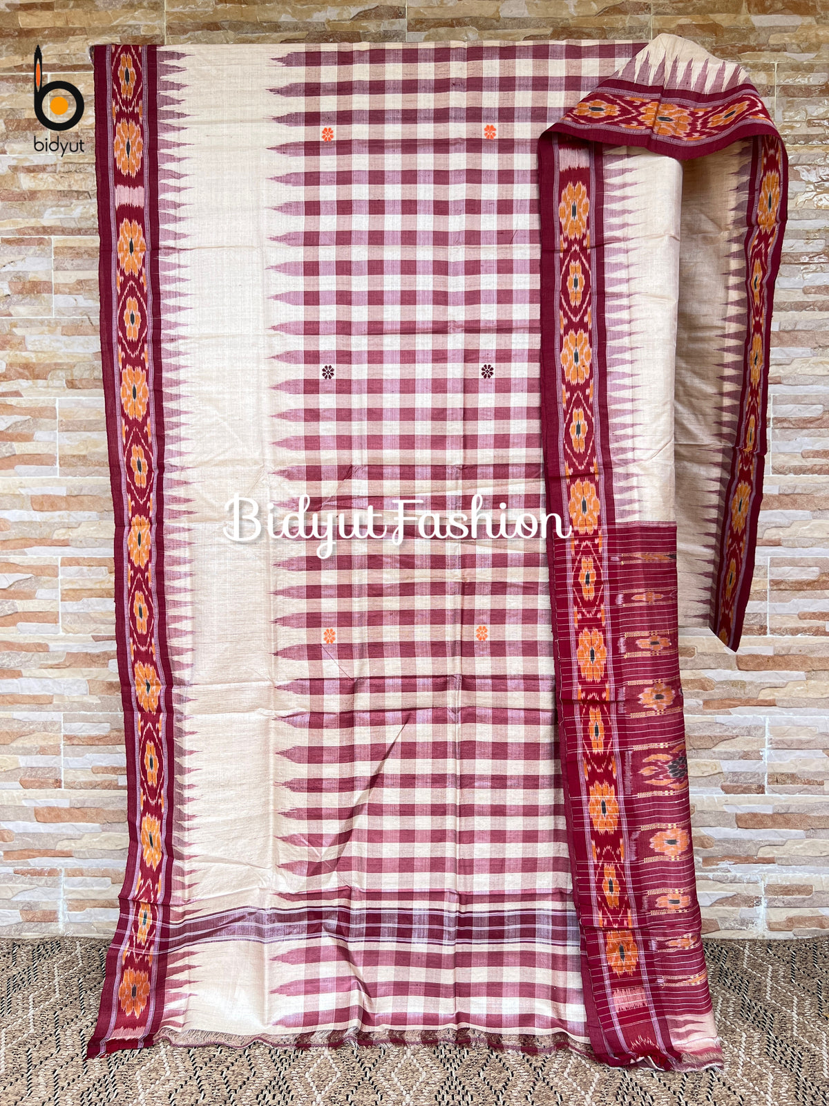 Handlooms of Odisha Santhal Tribal Tussar Silk body check Ikat Saree Beige with burgundy