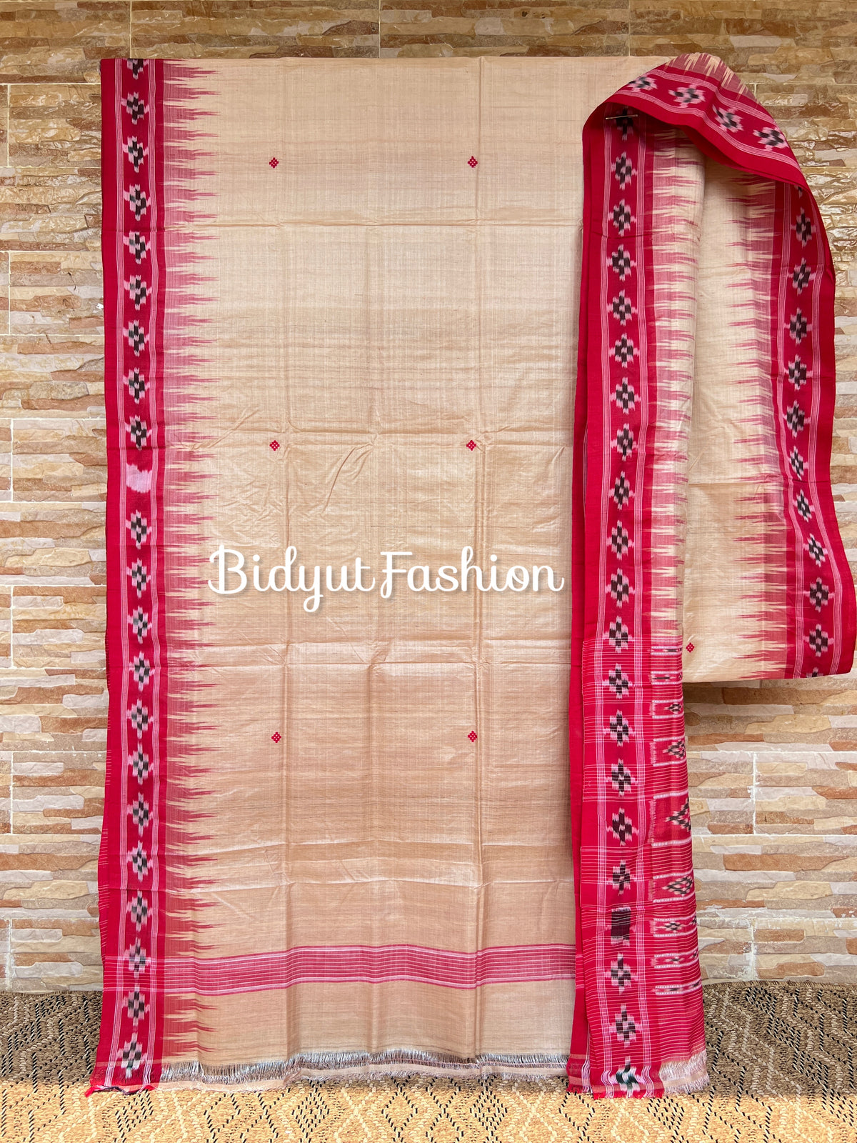 Handlooms of Odisha Gopalpur Ikat Tussar Silk Saree Beige red color