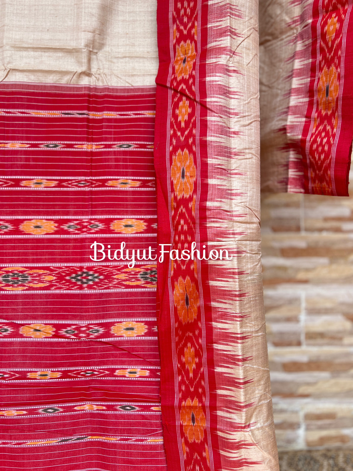 Handlooms of Odisha Gopalpur Ikat Tussar Silk Saree Beige red2