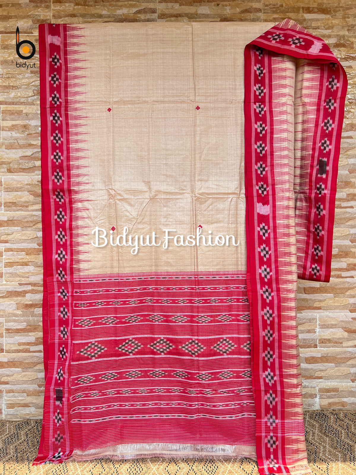 Handlooms of Odisha Gopalpur Ikat Tussar Silk Saree Beige red color