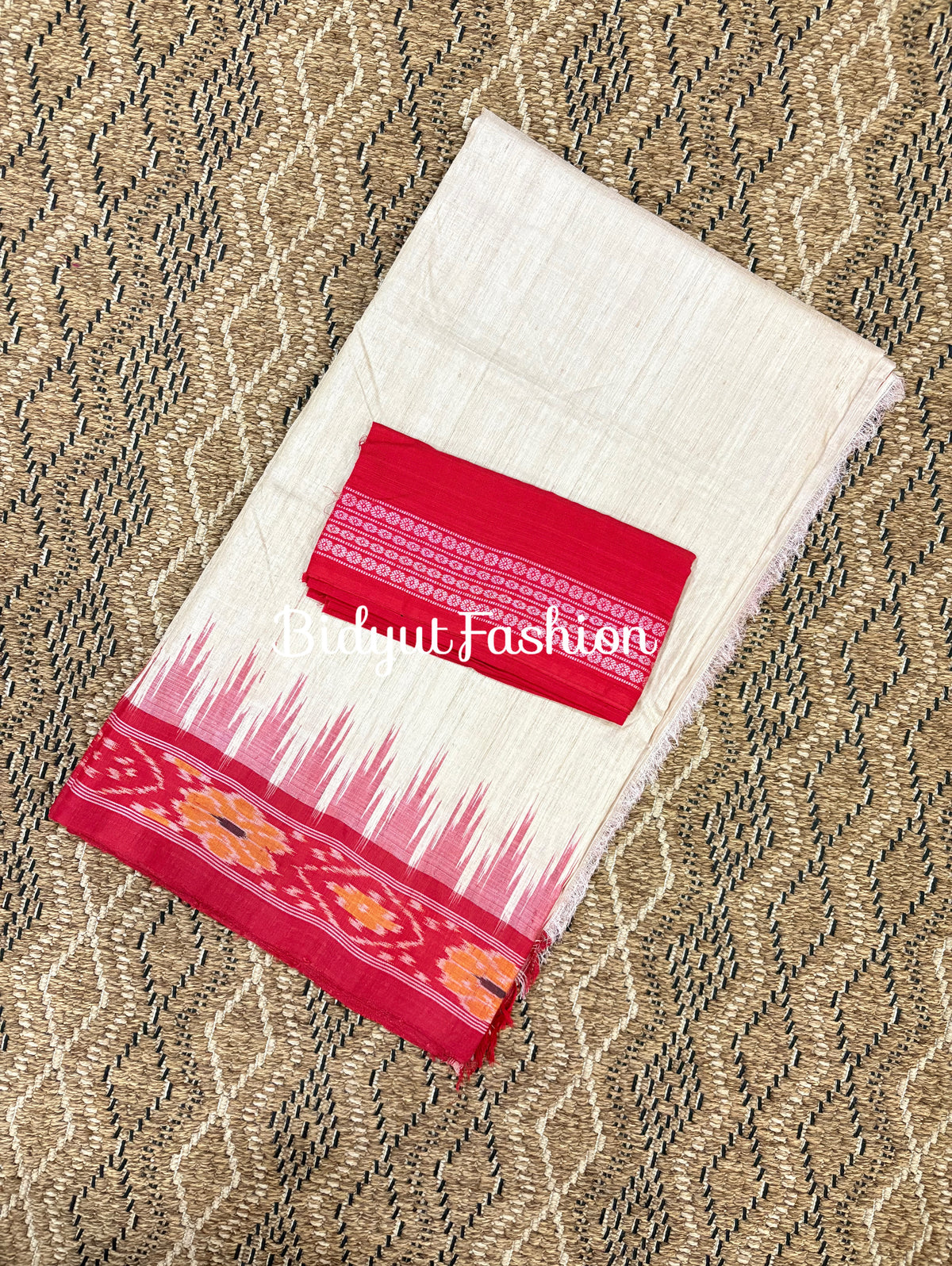 Handlooms of Odisha Gopalpur Ikat Tussar Silk Saree Beige red2