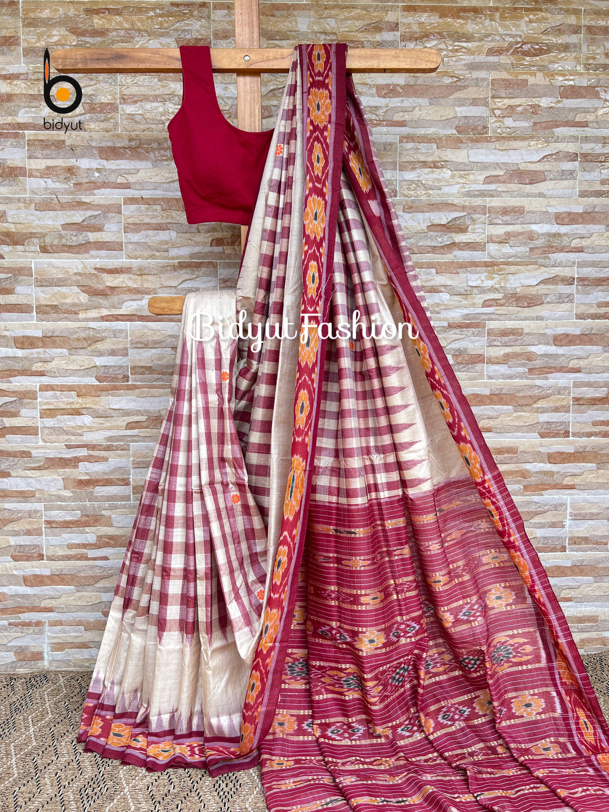 Handlooms of Odisha Santhal Tribal Tussar Silk body check Ikat Saree Beige with burgundy