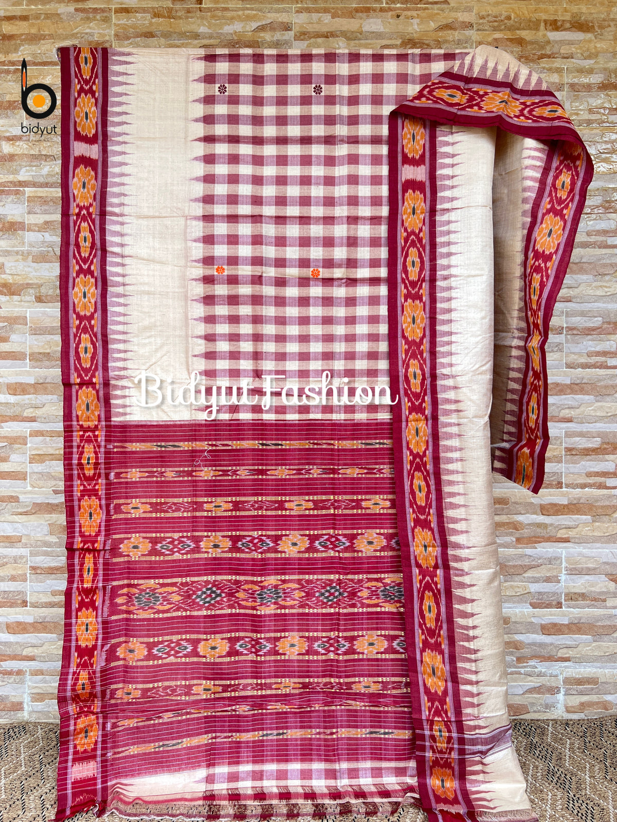 Handlooms of Odisha Santhal Tribal Tussar Silk body check Ikat Saree Beige with burgundy