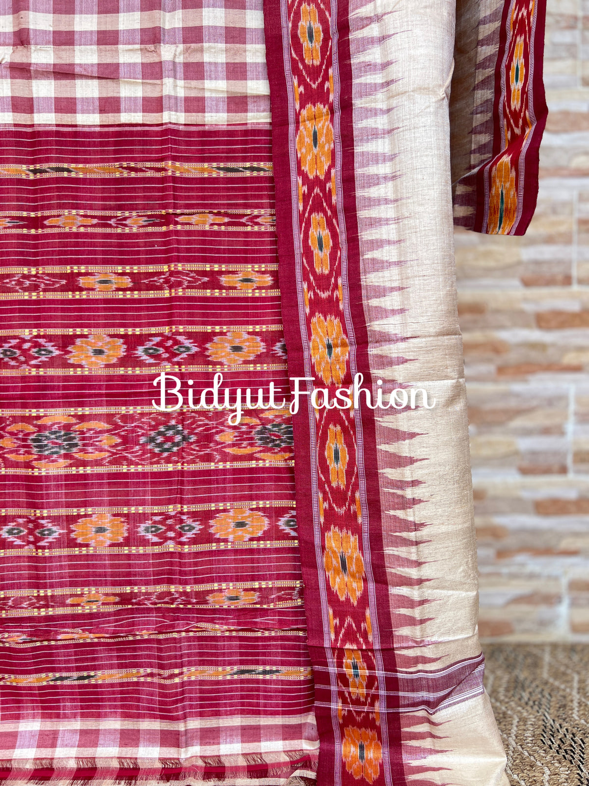 Handlooms of Odisha Santhal Tribal Tussar Silk body check Ikat Saree Beige with burgundy