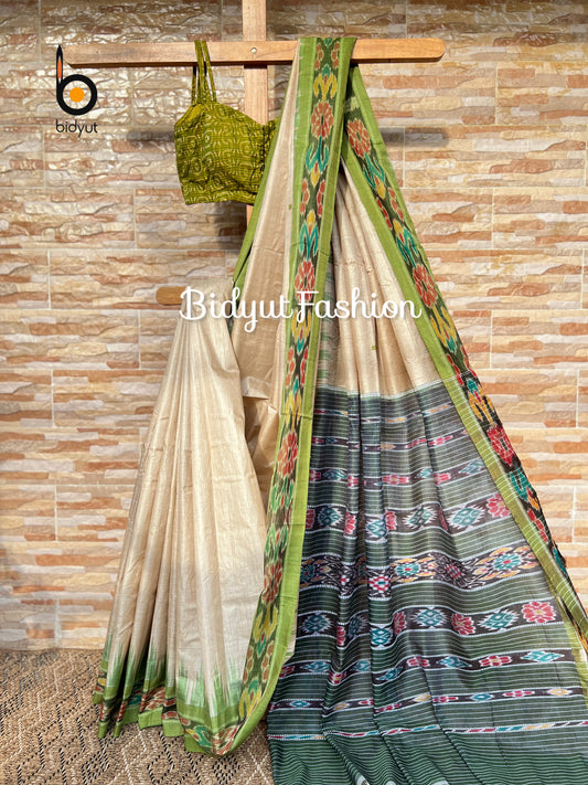 Handlooms of Odisha Gopalpur Ikat Tussar Silk Saree Beige green color