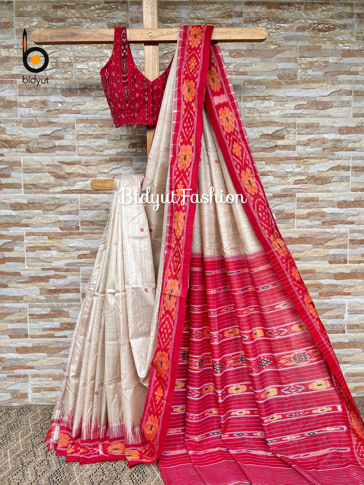 Handlooms of Odisha Gopalpur Ikat Tussar Silk Saree Beige red2