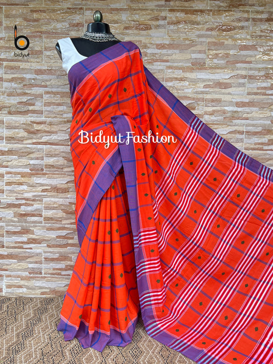 Handlooms of Odisha Santhal Tribal Cotton Sarees Orange color