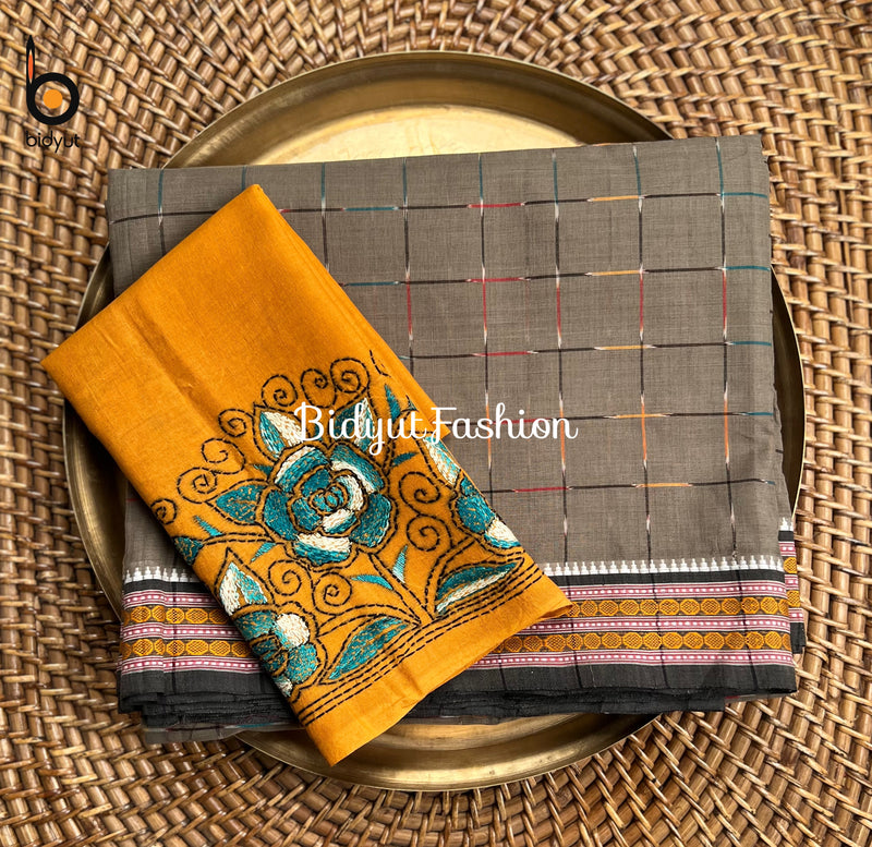 Jagatsinghpur Ikat Suta Cotton Saree - Traditional Odisha Handloom Weave with kantha blouse 