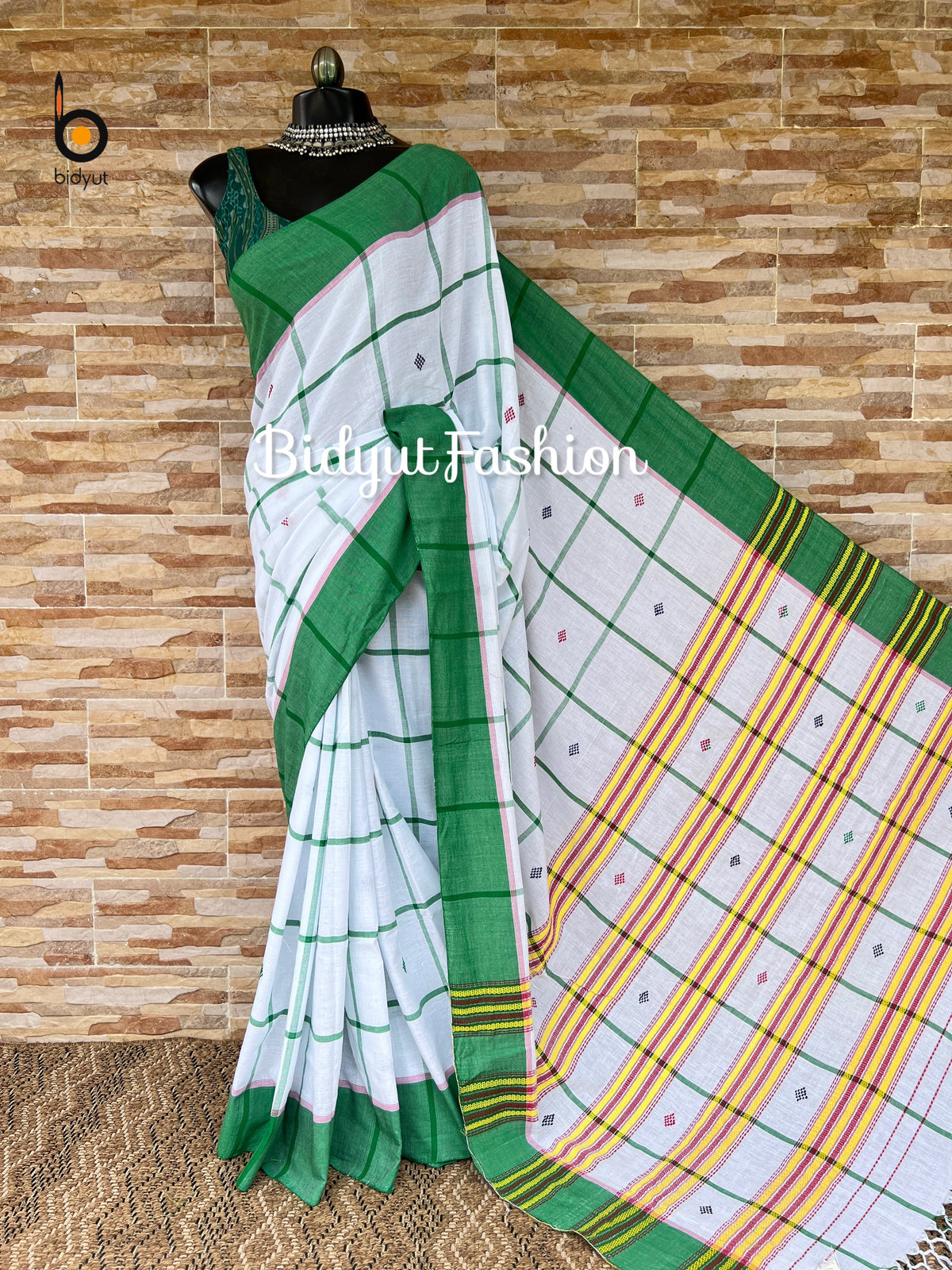 Handlooms of Odisha Santhal Tribal Cotton Saree white in green color