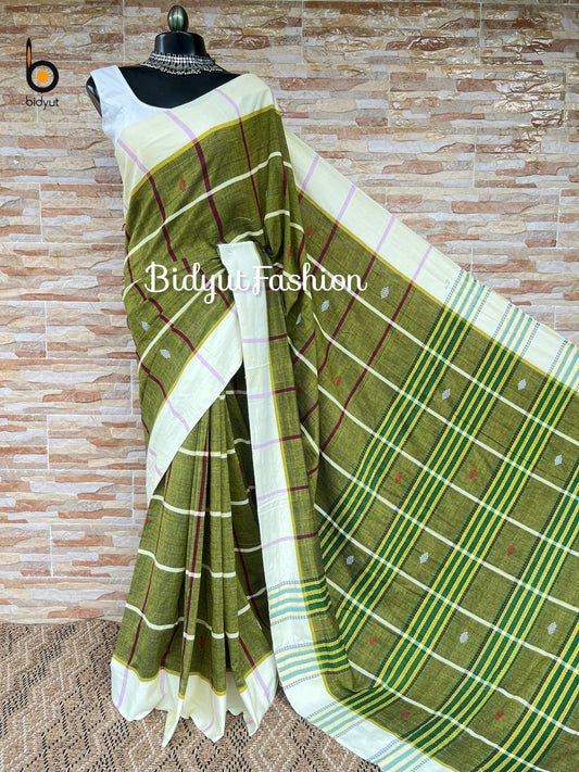 Handlooms of Odisha Santhal Tribal Cotton Sarees Olive green color