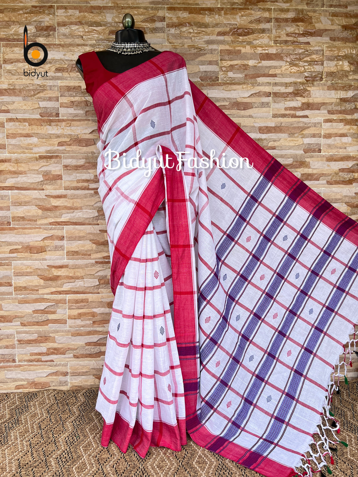 Handlooms of Odisha Santhal Tribal Cotton Saree white in red color