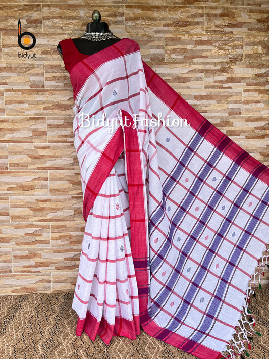 Handlooms of Odisha Santhal Tribal Cotton Saree white in red color